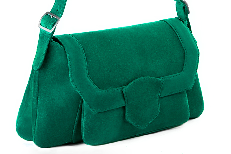 Emerald green women's dress handbag, matching pumps and belts. Front view - Florence KOOIJMAN